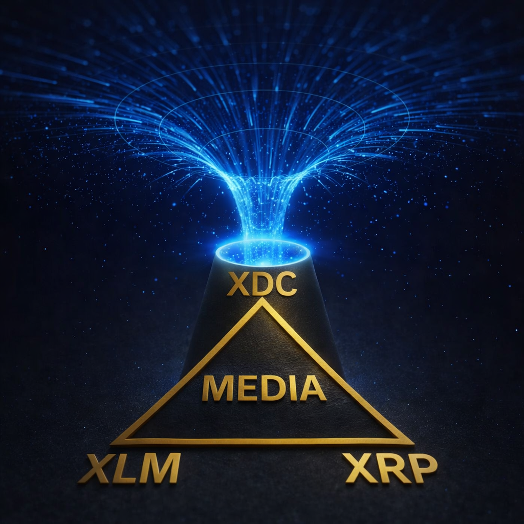 A blue black hole or portal opens into a gold triangle representing the token economy, with XDC at the top, XLM at the bottom left, XRP at the bottom right, and Media at the center.